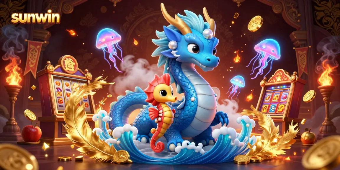 Experience thrilling sunwin adventures with the azure dragon and cute coral knight in a vibrant casino landscape.