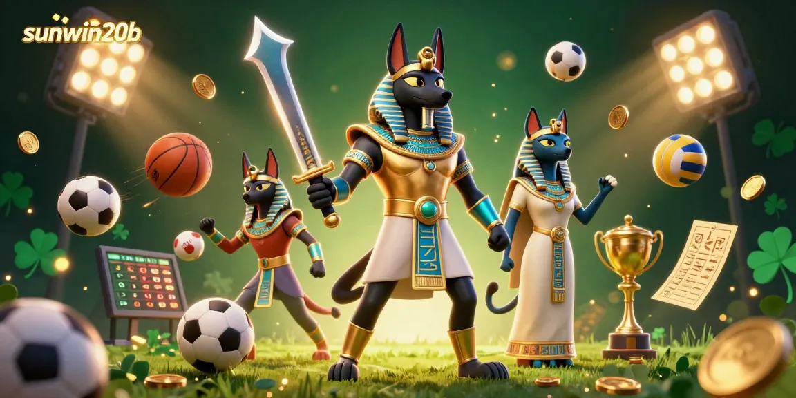 Play games at sunwin20b with Anubis and Bastet in a vibrant betting scene filled with sports elements.