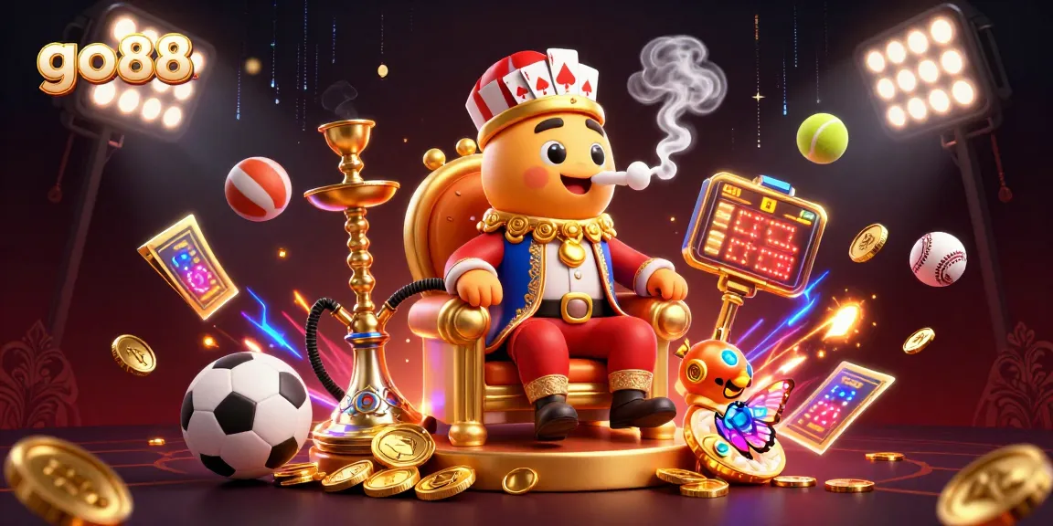 Engage with go88's thrill, featuring a vibrant scene of a caterpillar hookah-master amidst sports betting action and golden symbols.